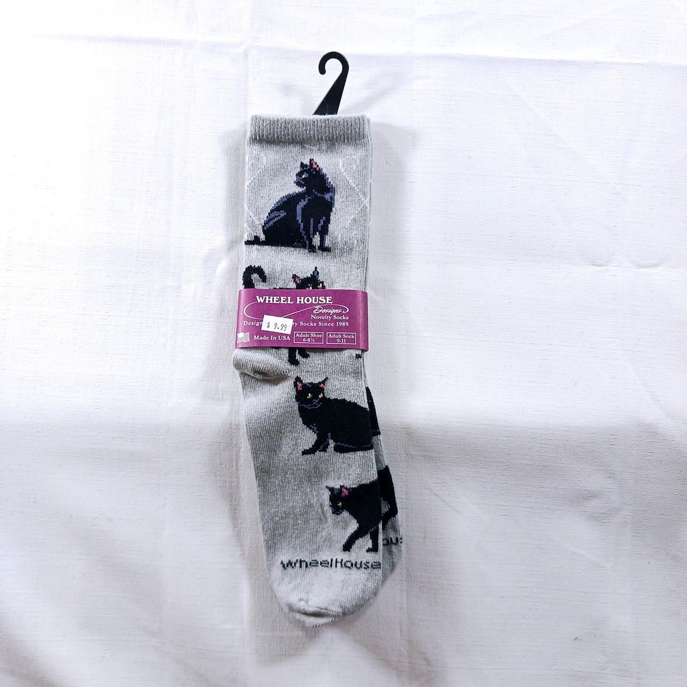 Wheel House Designs Black Cat Novelty Crew Socks Gray Made in USA Adult 9-11